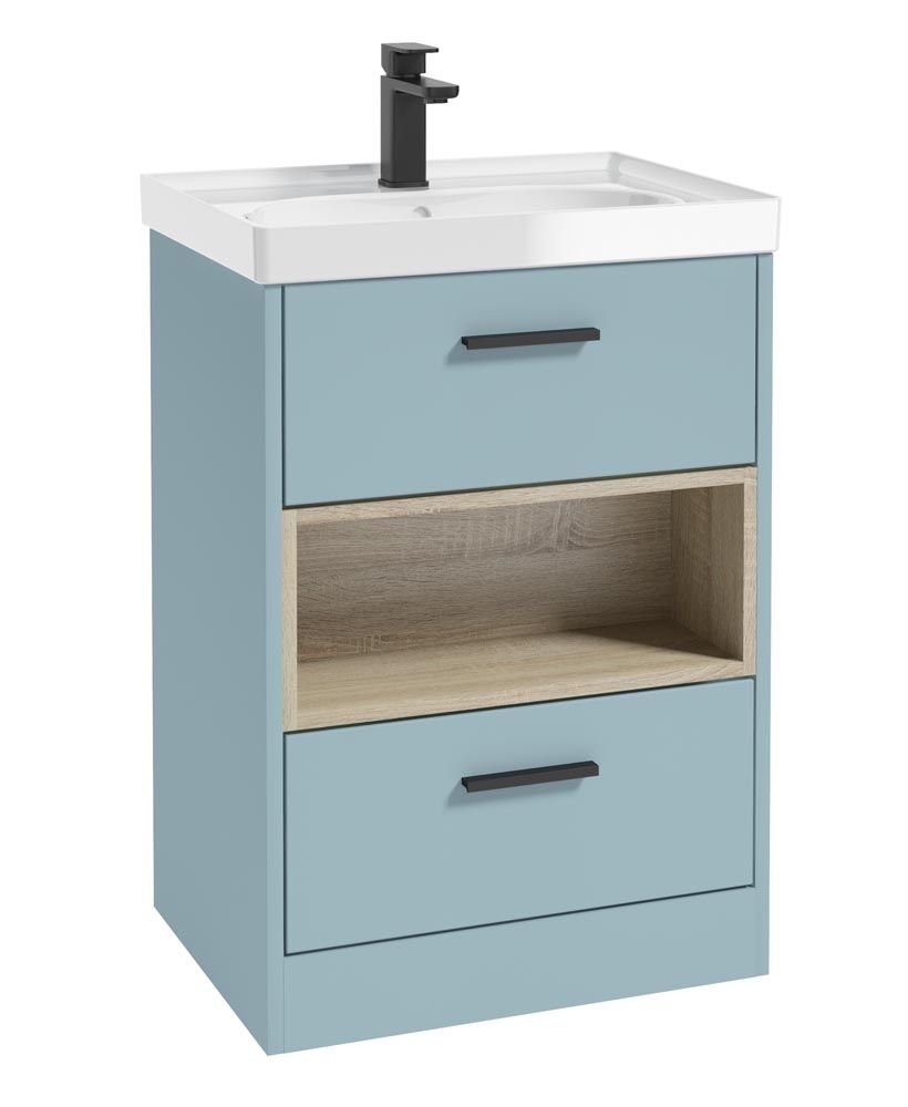 Malmo Floorstanding 60Cm Two Drawer Unit Matt Morning Sky Blue-Gloss Basin-Black Handles
