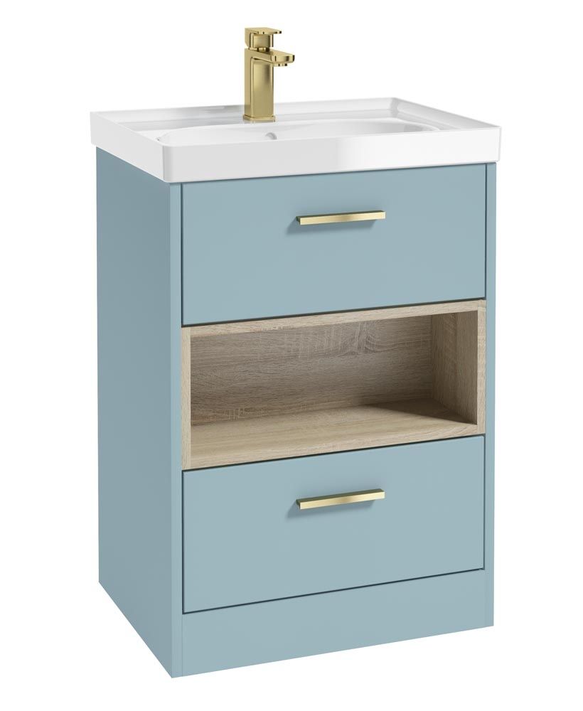 Malmo Floorstanding 60Cm Two Drawer Unit Matt Morning Sky Blue-Gloss Basin-Gold Handles