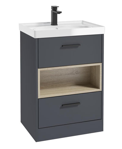 Malmo Floorstanding 60Cm Two Drawer Unit Matt Night Sky Blue-Gloss Basin-Black Handles