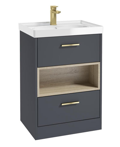 Malmo Floorstanding 60Cm Two Drawer Unit Matt Night Sky Blue-Gloss Basin-Gold Handles