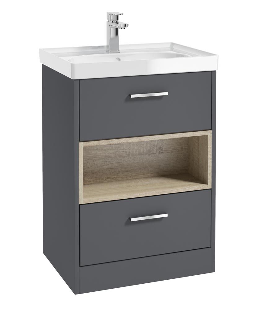 Malmo Floorstanding 60Cm Two Drawer Unit Matt Midnight Grey-Gloss Basin-Chrome Handles