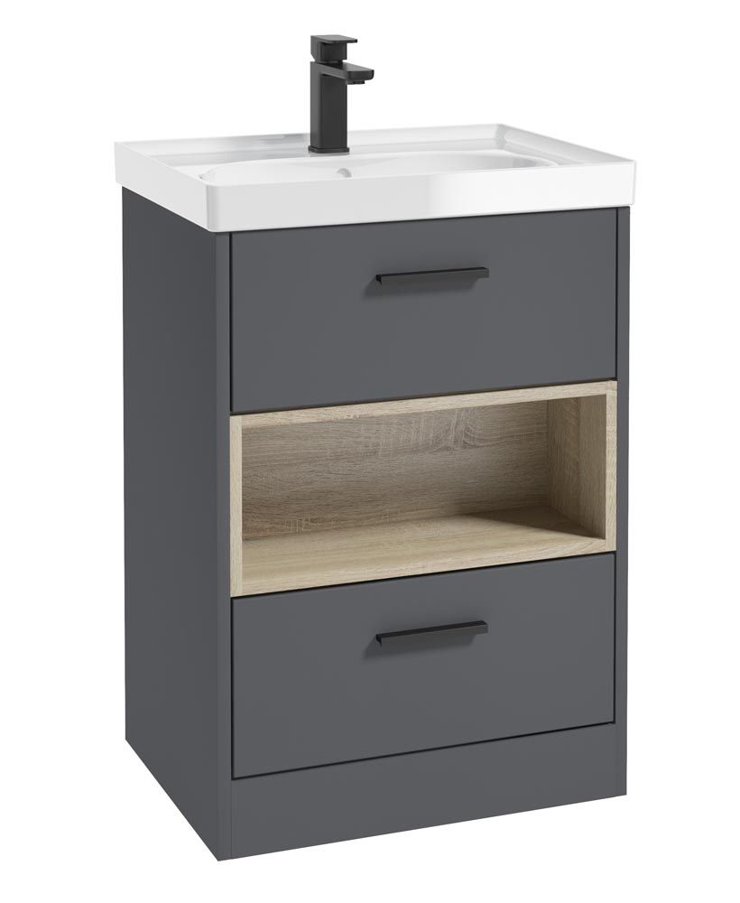 Malmo Floorstanding 60Cm Two Drawer Unit Matt Midnight Grey-Gloss Basin-Black Handles