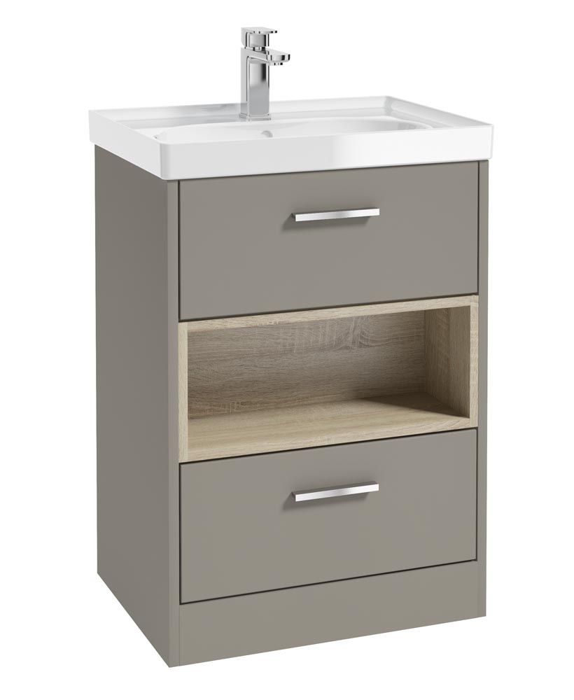 Malmo Floorstanding 60Cm Two Drawer Unit Matt Khaki-Gloss Basin-Chrome Handles