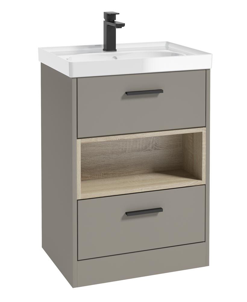 Malmo Floorstanding 60Cm Two Drawer Unit Matt Khaki-Gloss Basin-Black Handles