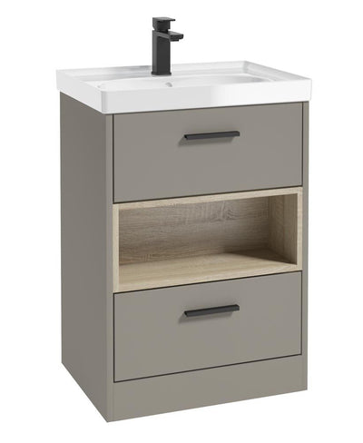 Malmo Floorstanding 60Cm Two Drawer Unit Matt Khaki-Gloss Basin-Black Handles