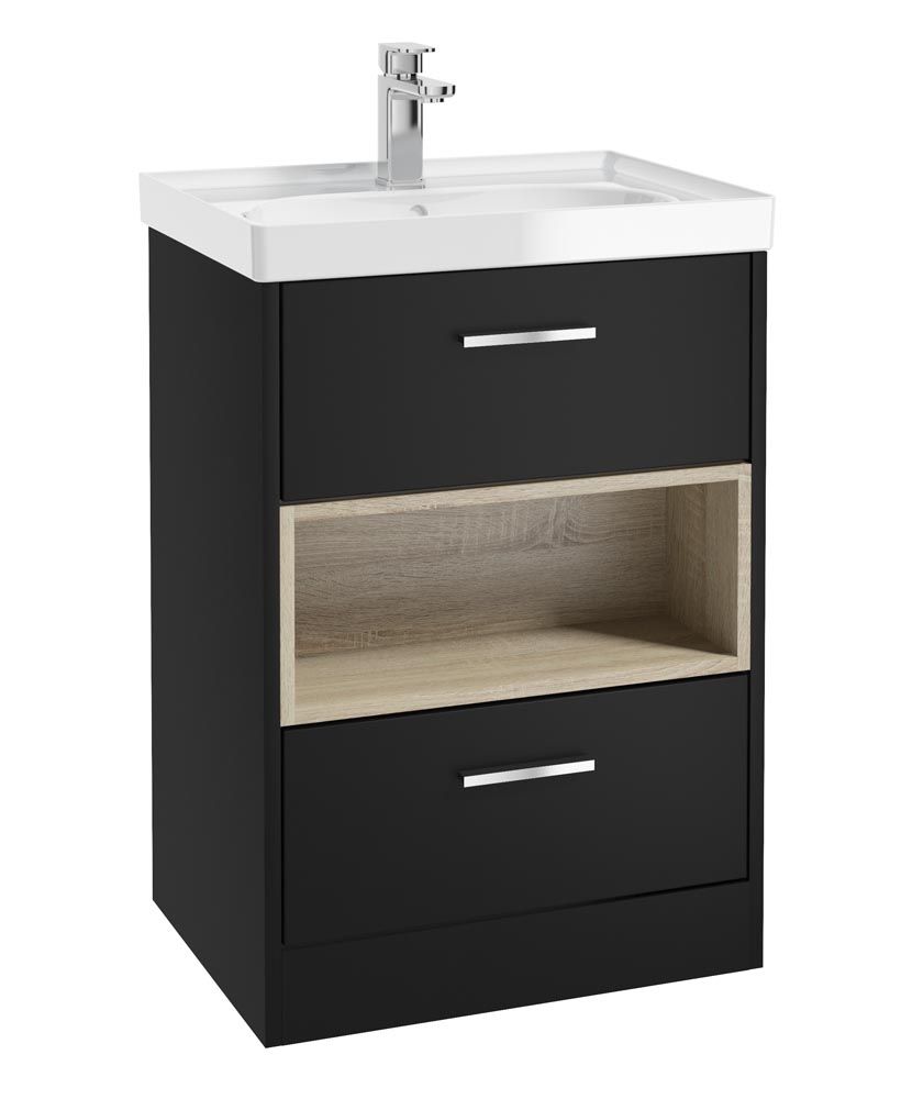 Malmo Floorstanding 60Cm Two Drawer Unit Matt Black-Gloss Basin-Chrome Handles