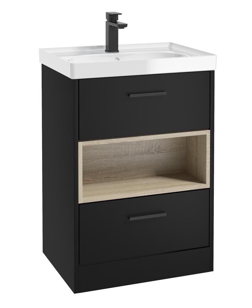 Malmo Floorstanding 60Cm Two Drawer Unit Matt Black-Gloss Basin-Black Handles