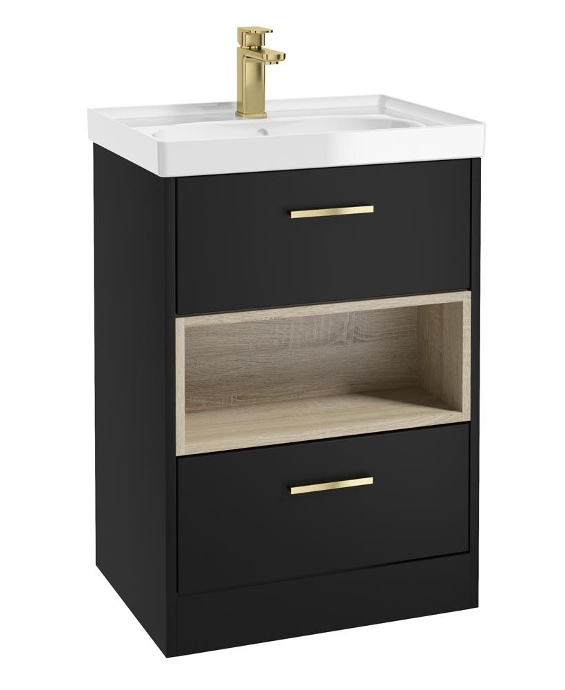 Malmo Floorstanding 60Cm Two Drawer Unit Matt Black-Gloss Basin-Gold Handles