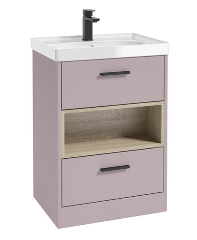 Malmo Floorstanding 60Cm Two Drawer Unit Matt Cashmere Pink-Gloss Basin-Black Handles