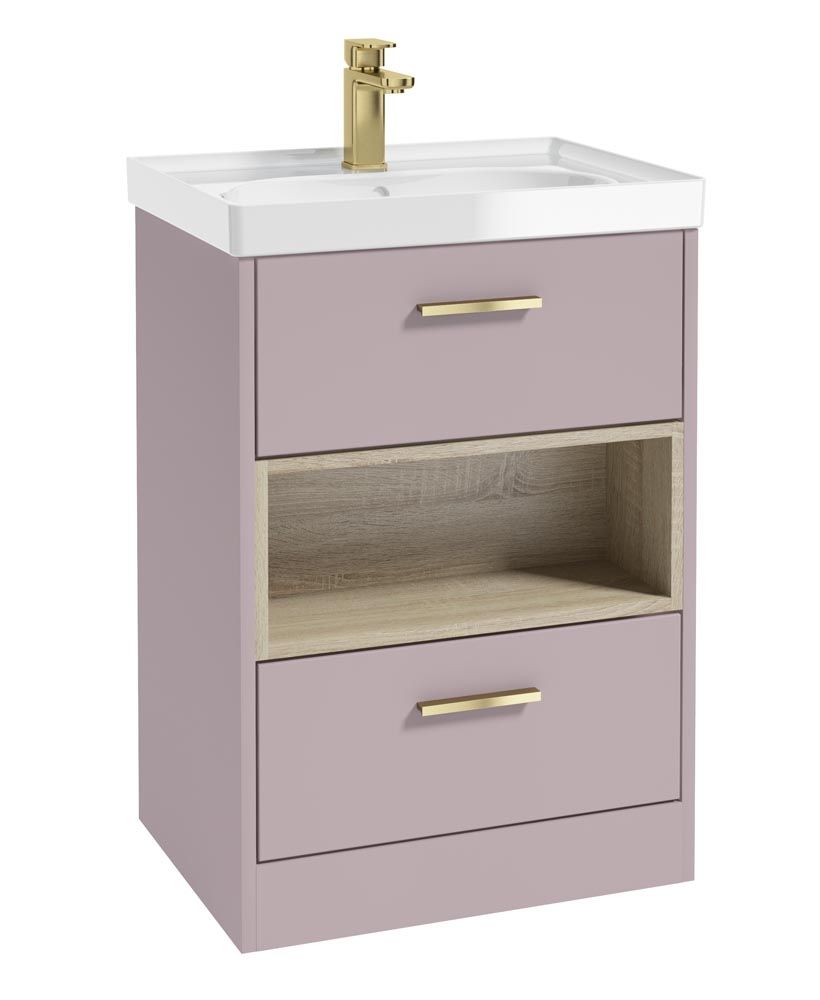 Malmo Floorstanding 60Cm Two Drawer Unit Matt Cashmere Pink-Gloss Basin-Gold Handles