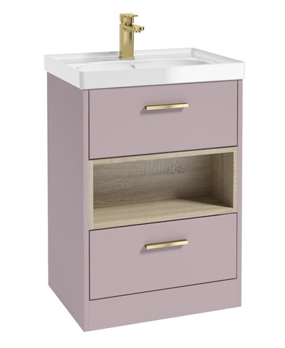 Malmo Floorstanding 60Cm Two Drawer Unit Matt Cashmere Pink-Gloss Basin-Gold Handles