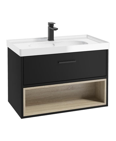 Malmo Wall Hung 80Cm Single Drawer Unit Matt Black-Gloss Basin-Black Handle