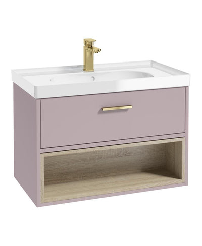 Malmo Wall Hung 80Cm Single Drawer Unit Matt Cashmere Pink-Gloss Basin-Gold Handle