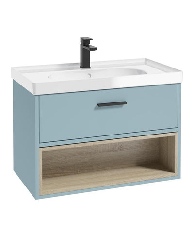 Malmo Wall Hung 80Cm Single Drawer Unit Matt Morning Sky Blue-Gloss Basin-Black Handle