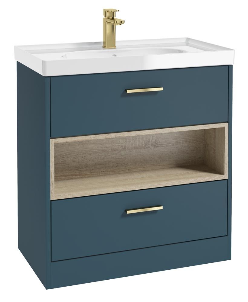 Malmo Floorstanding 80Cm Two Drawer Unit Matt Ocean Blue-Gloss Basin-Gold Handles