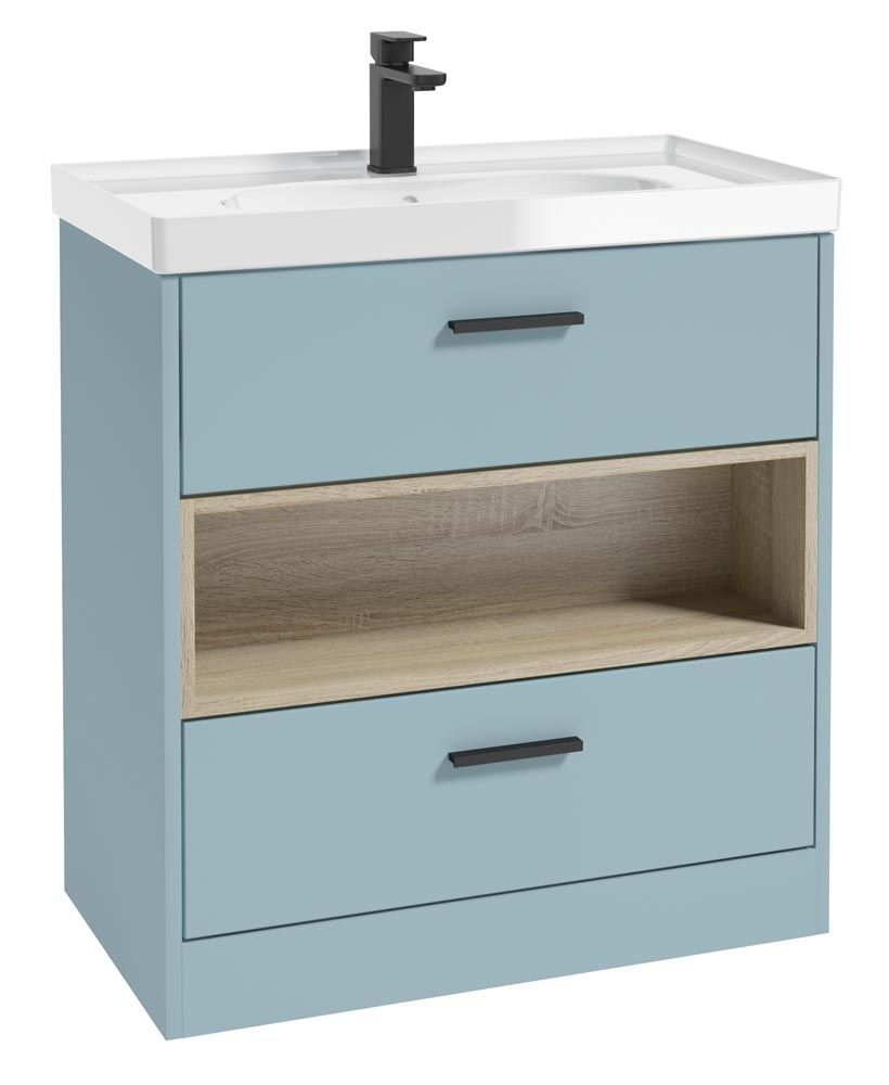 Malmo Floorstanding 80Cm Two Drawer Unit Matt Morning Sky Blue-Gloss Basin-Black Handles