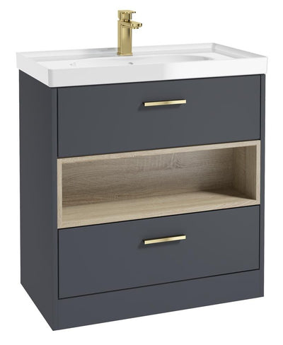 Malmo Floorstanding 80Cm Two Drawer Unit Matt Night Sky Blue-Gloss Basin-Gold Handles