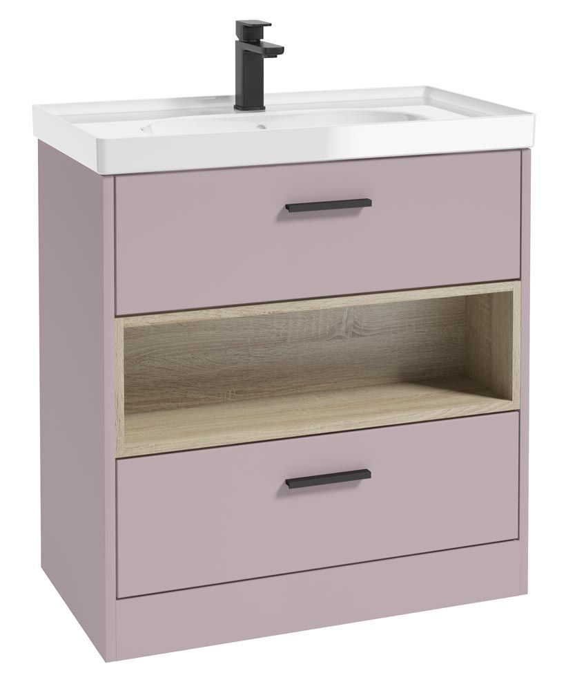Malmo Floorstanding 80Cm Two Drawer Unit Matt Cashmere Pink-Gloss Basin-Black Handles