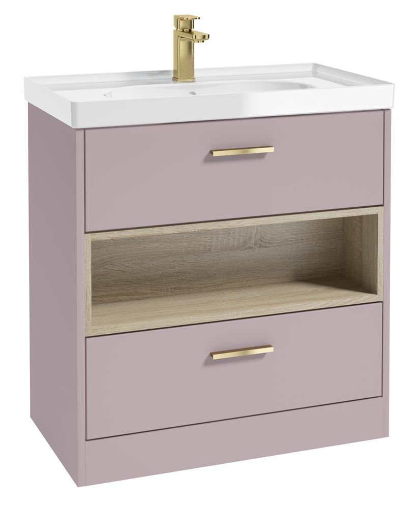 Malmo Floorstanding 80Cm Two Drawer Unit Matt Cashmere Pink-Gloss Basin-Gold Handles