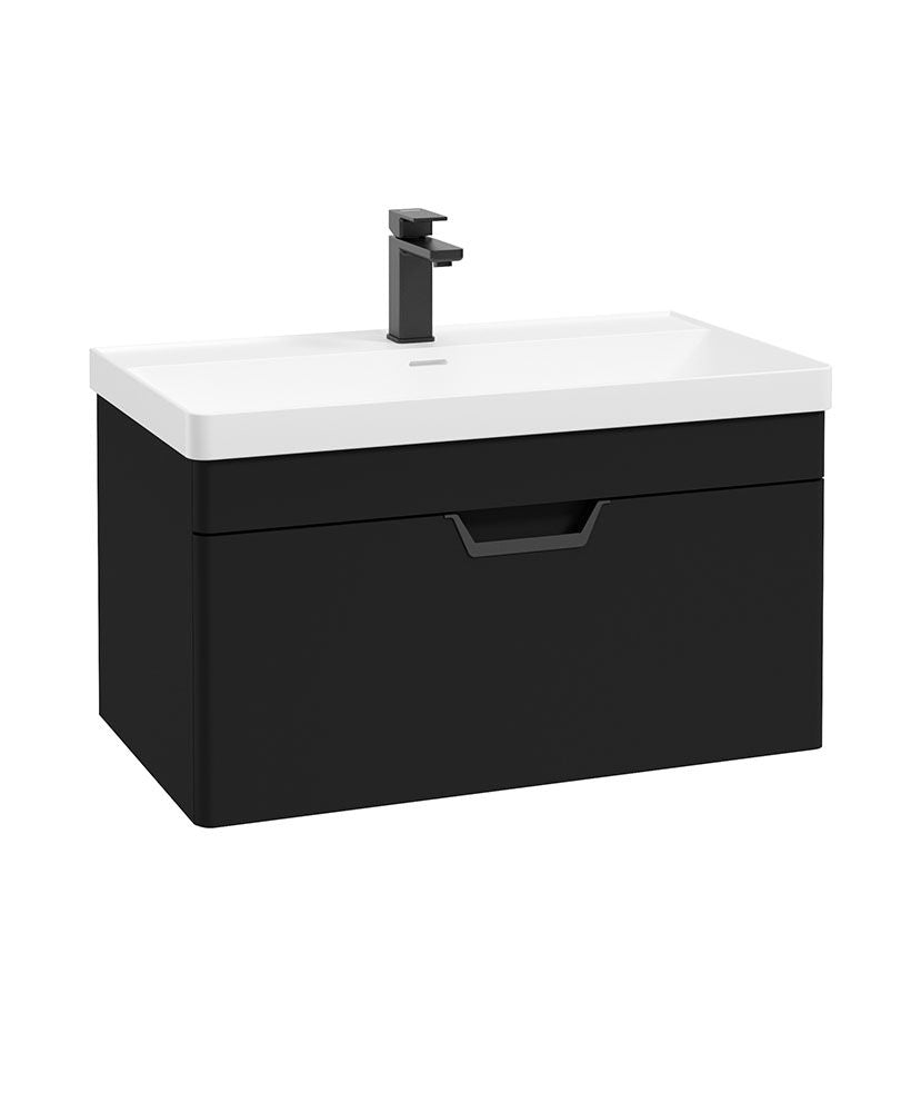 Freya Wall Hung 80Cm Single Drawer Unit Matt Black-Black Handle