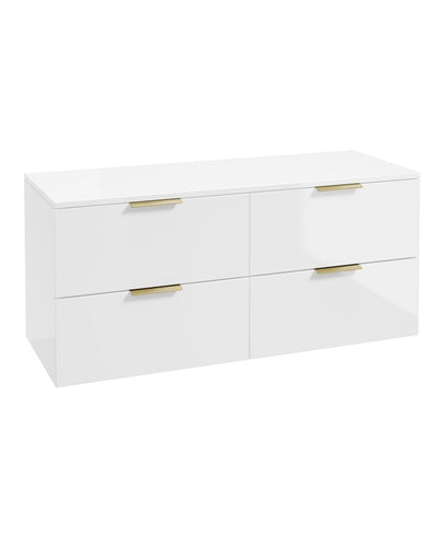 Stockholm Wall Hung 120Cm Four Drawer Countertop Unit Gloss White-Brushed Gold Handles