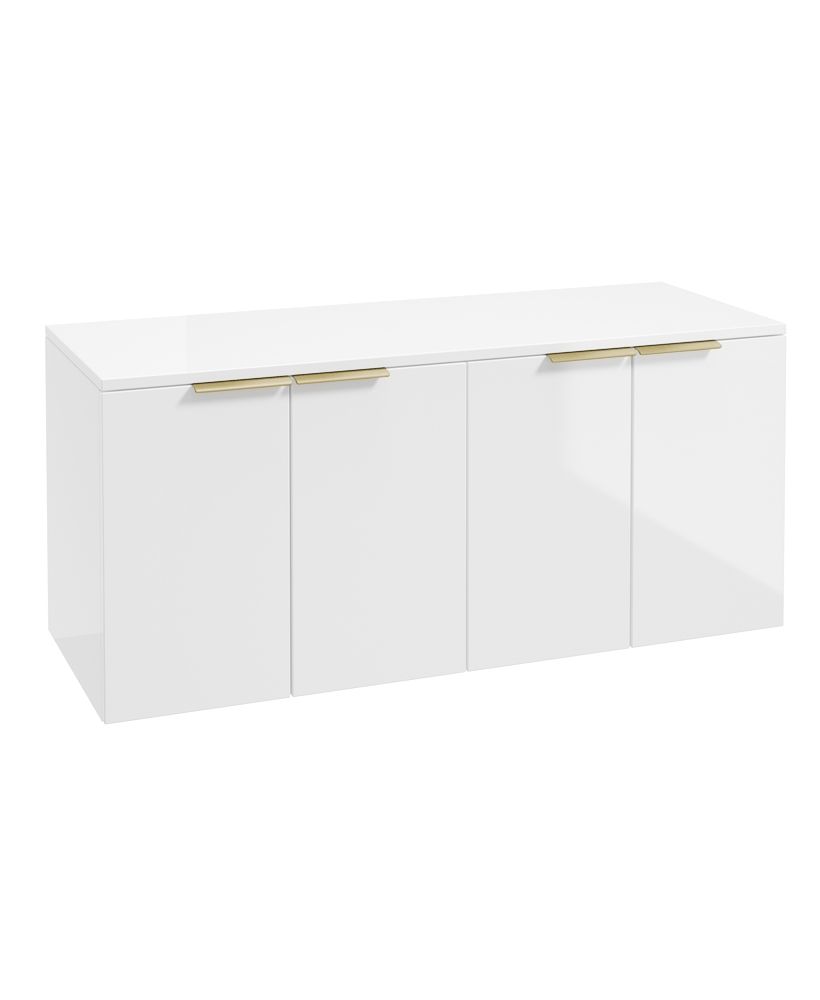 Stockholm Wall Hung 120Cm Four Door Countertop Unit Gloss White-Brushed Gold Handle