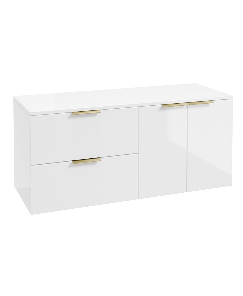 Stockholm Wall Hung 120Cm Two Drawer/Two Door Countertop Unit Gloss White-Brushed Gold Handles