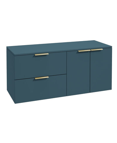 Stockholm Wall Hung 120Cm Two Drawer/Two Door Countertop Unit Matt Ocean Blue-Brushed Gold Handles