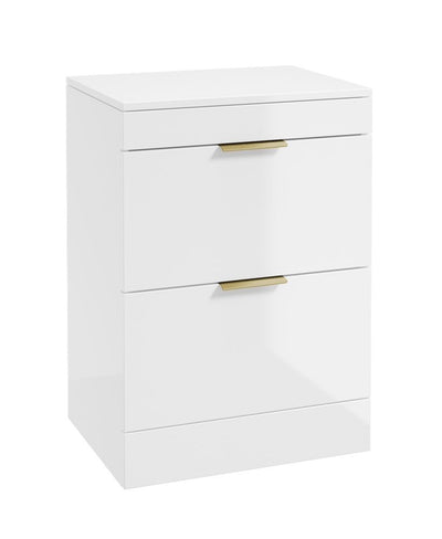 Stockholm Floorstanding 60Cm Two Drawer Countertop Unit Gloss White-Brushed Gold Handles