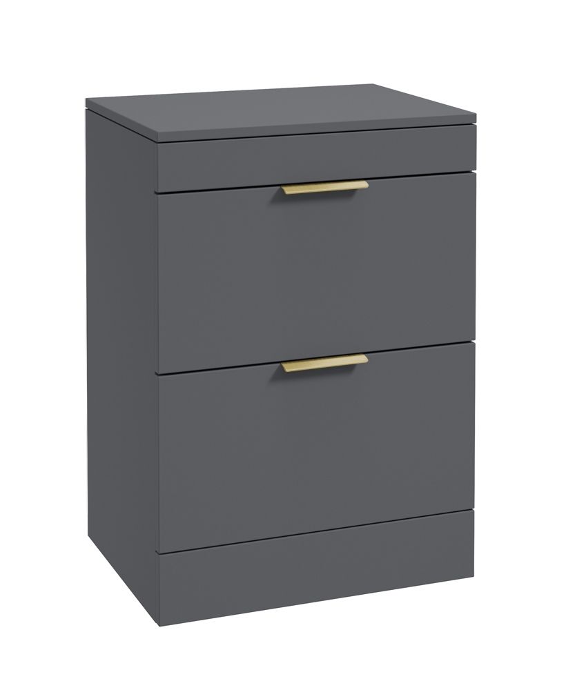 Stockholm Floorstanding 60Cm Two Drawer Countertop Unit Matt Midnight Grey-Brushed Gold Handles