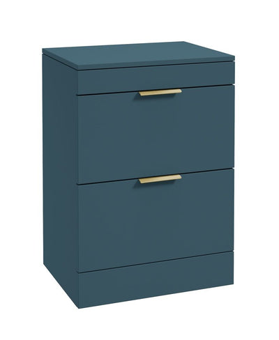 Stockholm Floorstanding 60Cm Two Drawer Countertop Unit Matt Ocean Blue-Brushed Gold Handles