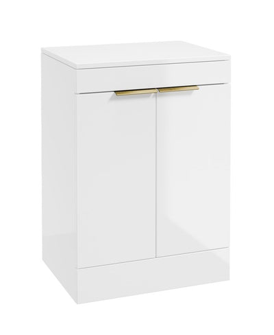 Stockholm Floorstanding 60Cm Two Door Countertop Unit Gloss White-Brushed Gold Handles