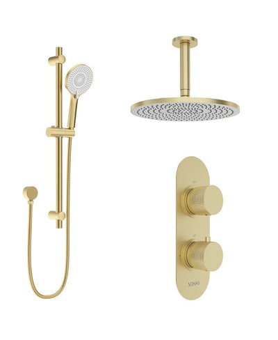 Alita Knurled Shower Set 1 & Ceiling Mounted Fixed Head Brushed Gold