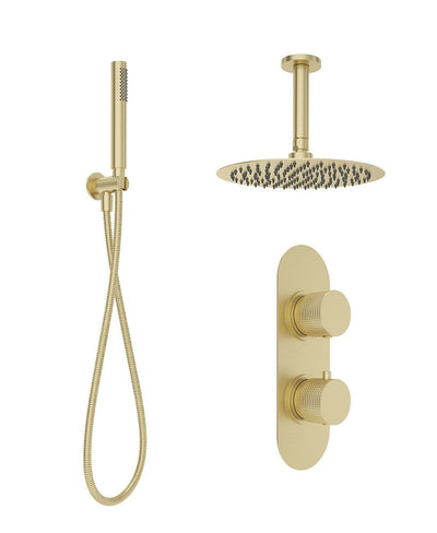 Alita Knurled Shower Set 2 & Ceiling Mounted Fixed Head Brushed Gold