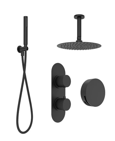 Alita Knurled Bath Set 3 & Ceiling Mounted Fixed Head Matt Black