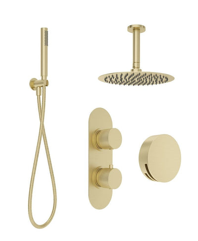 Alita Knurled Bath Set 3 & Ceiling Mounted Fixed Head Brushed Gold