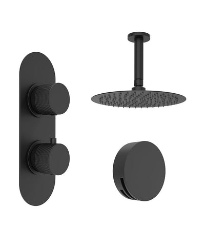 Alita Knurled Bath Set 4 & Ceiling Mounted Fixed Head Matt Black