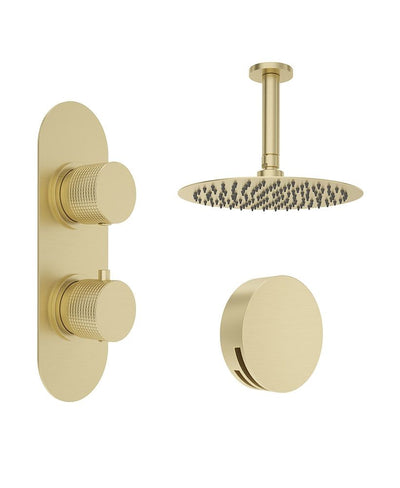 Alita Knurled Bath Set 4 & Ceiling Mounted Fixed Head Brushed Gold