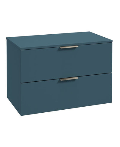 Stockholm Wall Hung 80Cm Two Drawer Countertop Unit Matt Ocean Blue-Brushed Nickel Handles