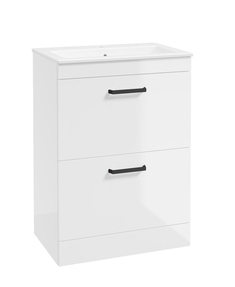Corta Floorstanding 60Cm Two Drawer Unit Gloss White-Black Handles
