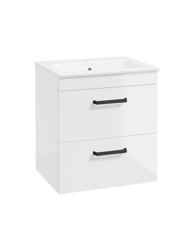 Corta Wall Hung 50Cm Two Drawer Unit Gloss White-Black Handles
