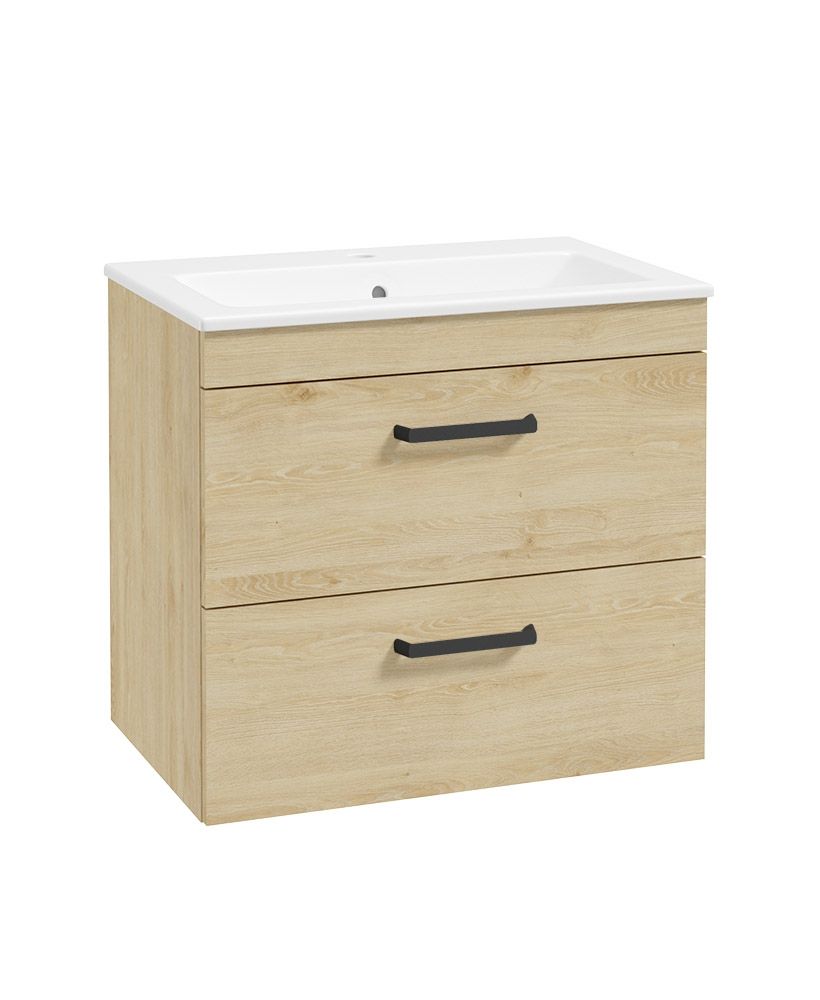 Corta Wall Hung 60Cm Two Drawer Unit Honey Oak-Black Handles