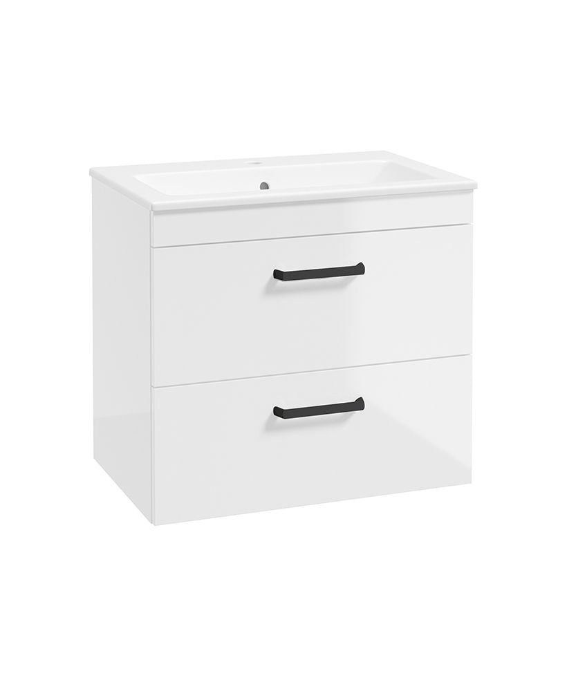 Corta Wall Hung 60Cm Two Drawer Unit Gloss White-Black Handles