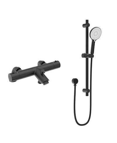 Form Deck Mounted Thermostatic Bath Shower Mixer & Alita Slide Rail Kit Matt Black