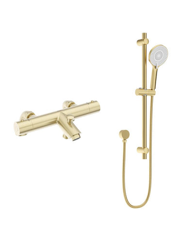 Form Deck Mounted Thermostatic Bath Shower Mixer&Alita Slide Rail Kit Brushed Gold