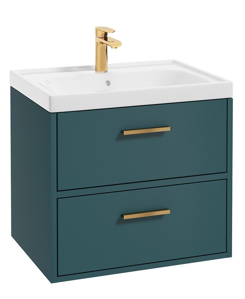 Finland Wall Hung 60Cm Two Drawer Unit Matt Ocean Blue-Gold Handles