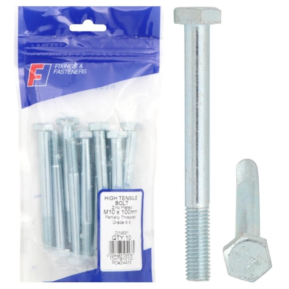 ForgeFix Prepack High Tensile Bolt Bright Zinc Plated M10x130mm (Bag10)