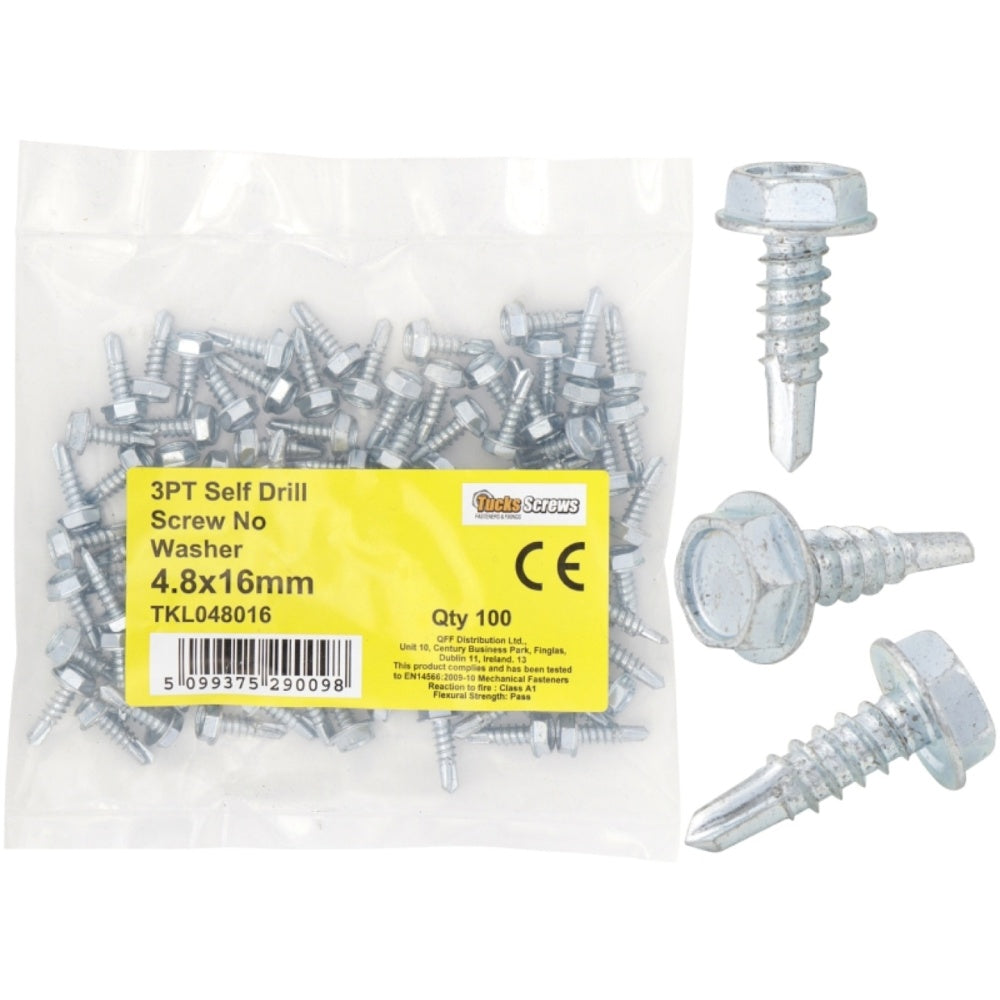 Tucks - Hex Self Drilling 3 Point Screw 100pce No Washer 4.8x16mm (Carton Qty: 10 packs)