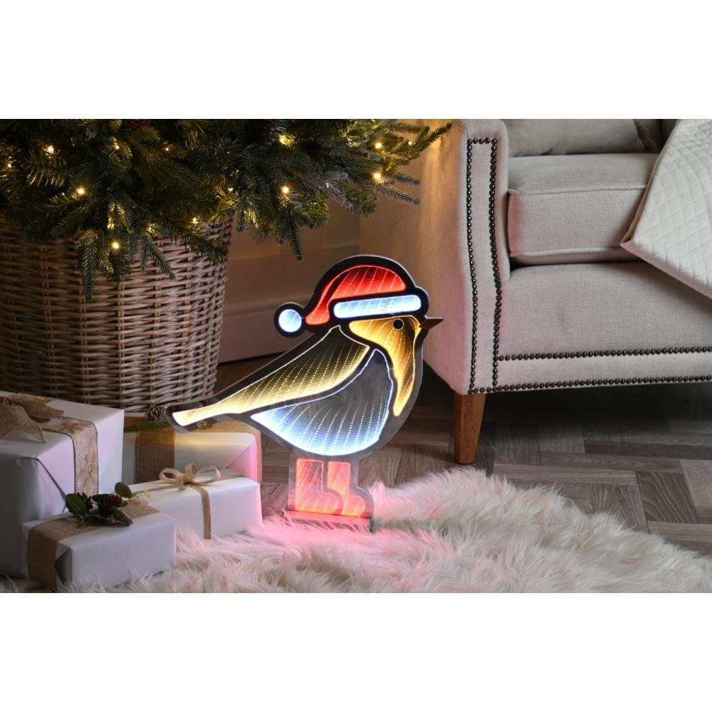 Festive Robin Red Boots Infinity Mirror Light - 40cm